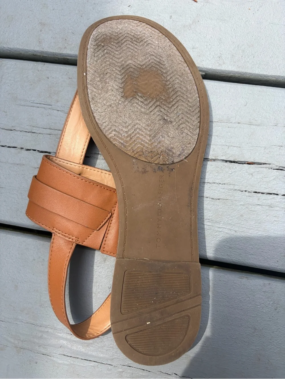 Tommy Hilfiger Tan Leather T-Strap Sandals with Gold Logo